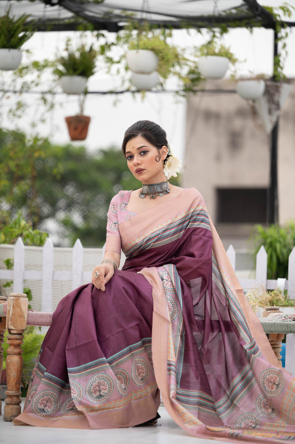 Tussar Silk Warli Print Saree - WINE