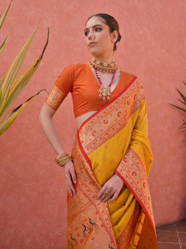 YELLOW  PAITHANI SILK WOVEN SAREE