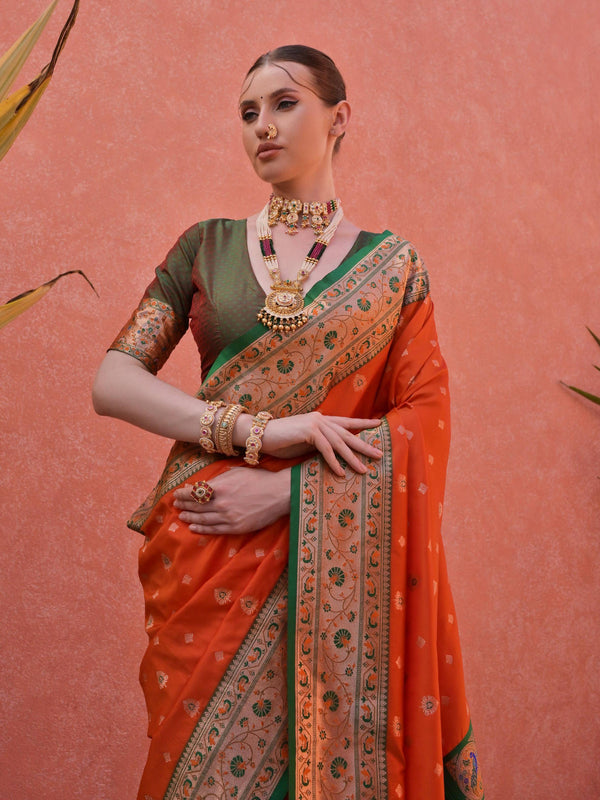 ORANGE PAITHANI SILK WOVEN SAREE