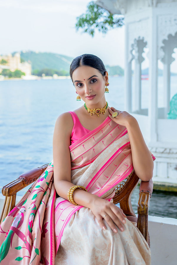 WHITE KANJIVARAM  PAITHANI SILK  SAREE