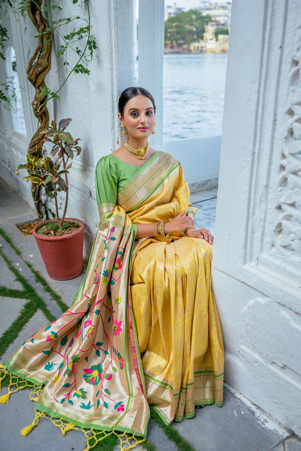 YELLOW KANJIVARAM PAITHANI SILK SAREE