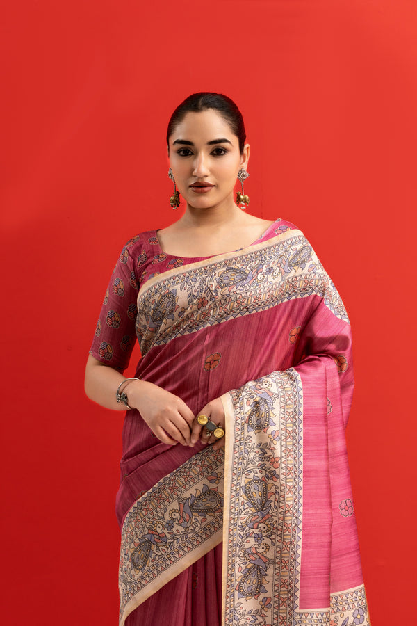 Tussar Silk kalamkari 102- PINK