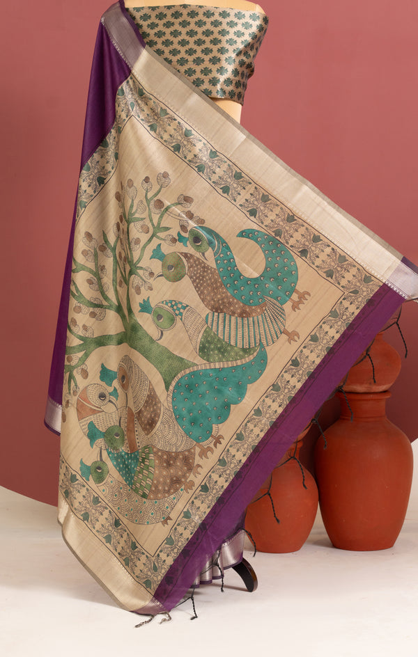 Soft Raw Silk Kalamkari Printed Pallu - PURPLE