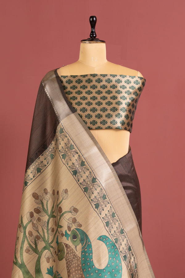 Soft Raw Silk Kalamkari Printed Pallu - BROWN