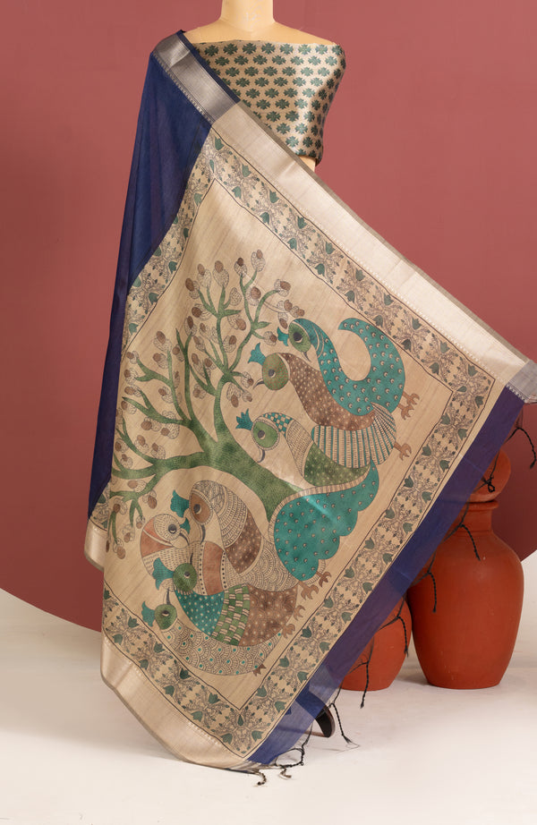 Soft Raw Silk Kalamkari Printed Pallu - BLUE