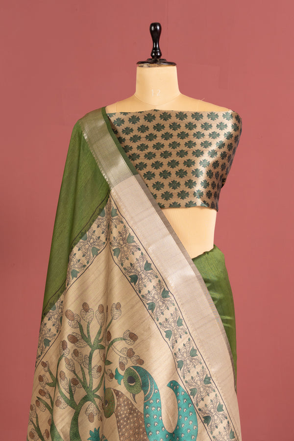 Soft Raw Silk Kalamkari Printed Pallu - MEHNDI GREEN