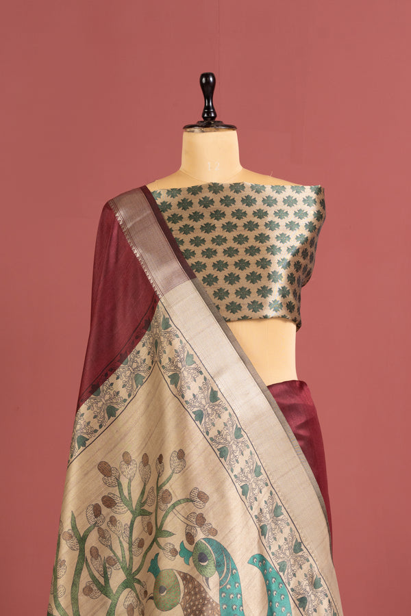 Soft Raw Silk Kalamkari Printed Pallu - RED