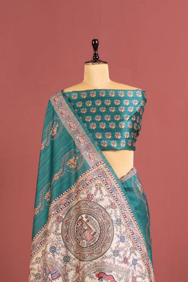 Soft Tussar Silk Madhubani Printed Pallu - Rama