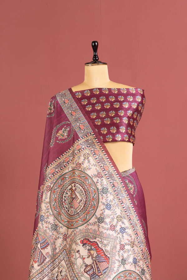 Soft Tussar Silk Madhubani Printed Pallu - Maroon