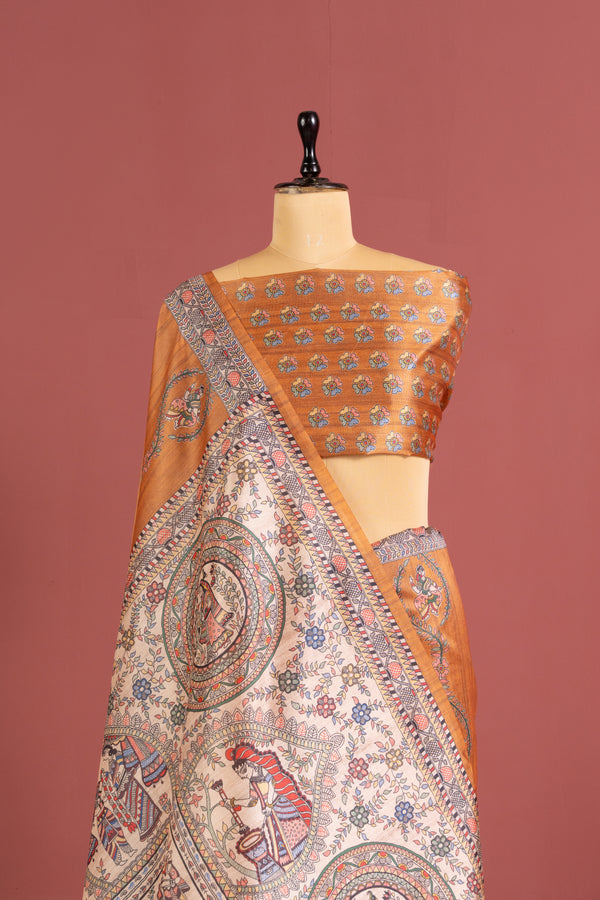 Soft Tussar Silk Madhubani Printed Pallu - Orange
