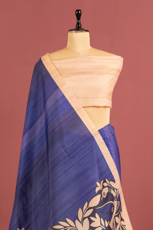 Cosmos Silk Saree With Kalamkari Print Saree - BLUE