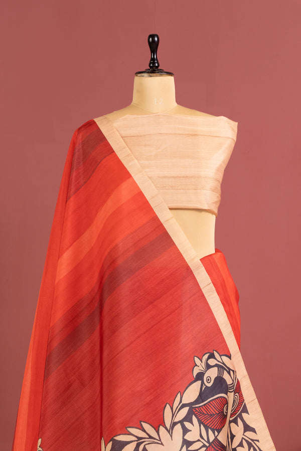 Cosmos Silk Saree With Kalamkari Print Saree - RED
