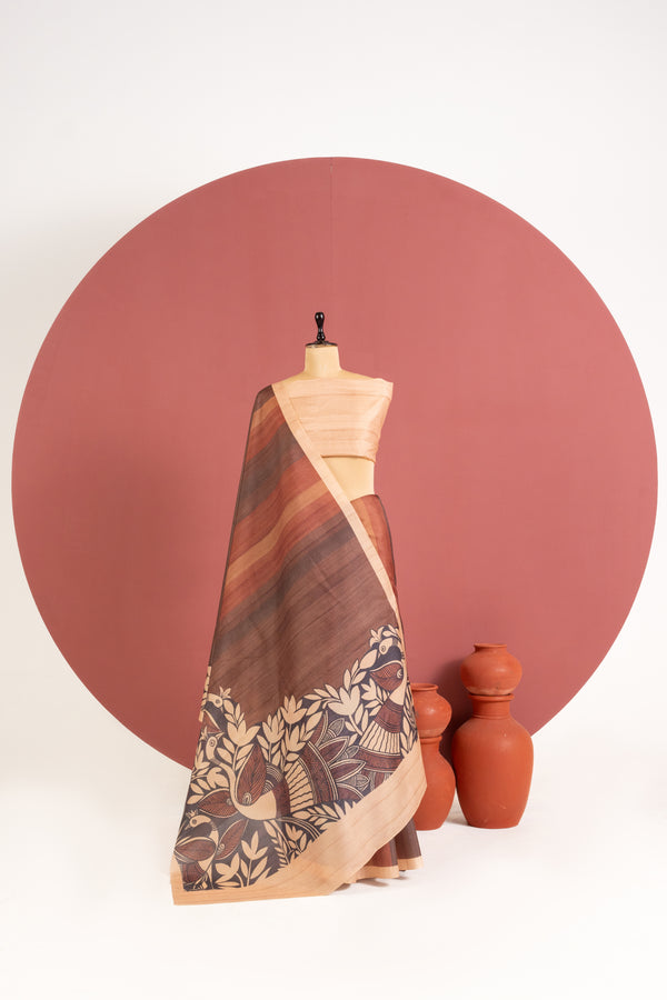 Cosmos Silk Saree With Kalamkari Print Saree - COFFEE