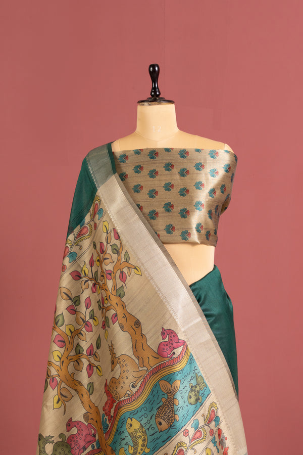 Soft Raw Silk Kalamkari Printed Pallu - GREEN