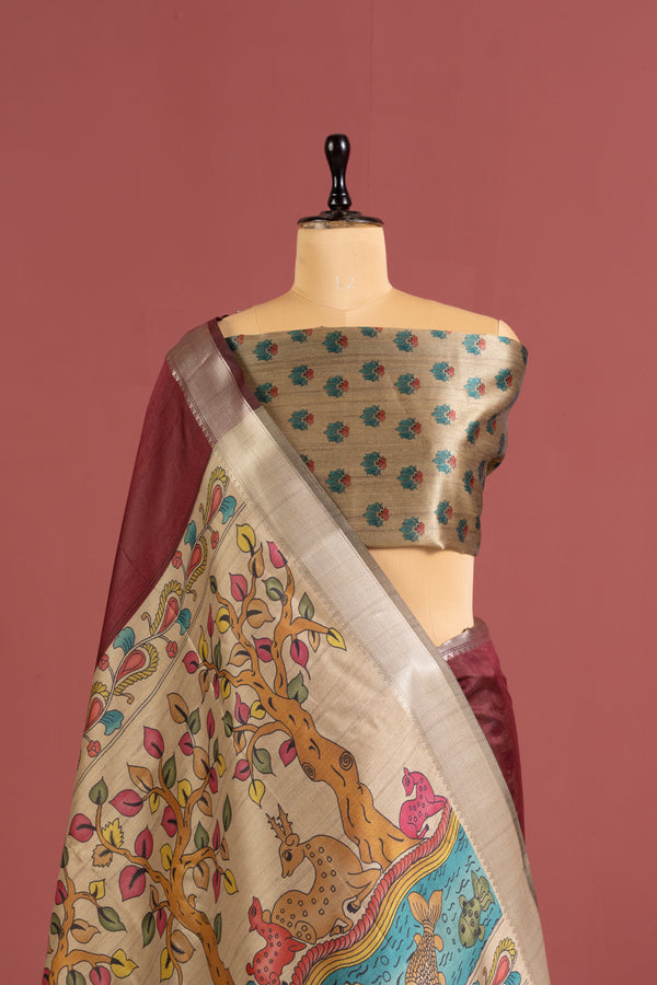 Soft Raw Silk Kalamkari Printed Pallu - MAROON