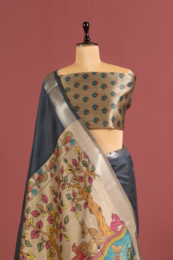 Soft Raw Silk Kalamkari Printed Pallu - GREY