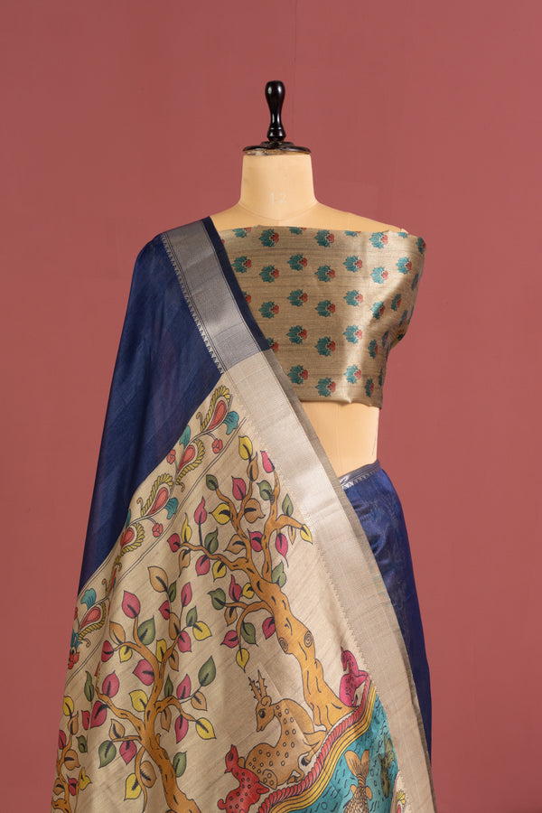 Soft Raw Silk Kalamkari Printed Pallu - BLUE