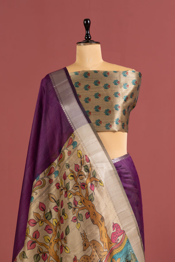 Soft Raw Silk Kalamkari Printed Pallu - WINE