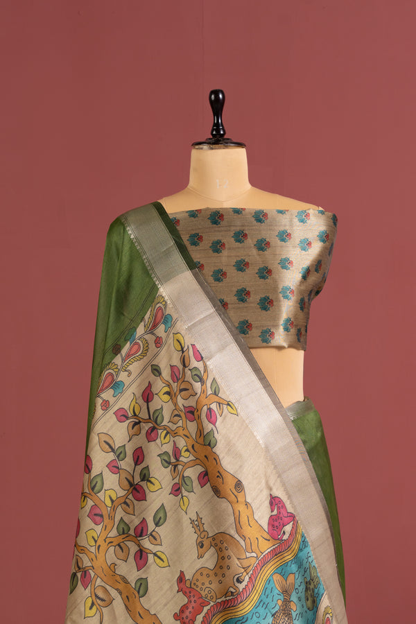 Soft Raw Silk Kalamkari Printed Pallu - MEHENDI