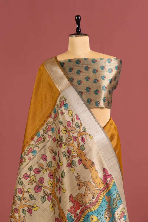 Soft Raw Silk Kalamkari Printed Pallu - YELLOW