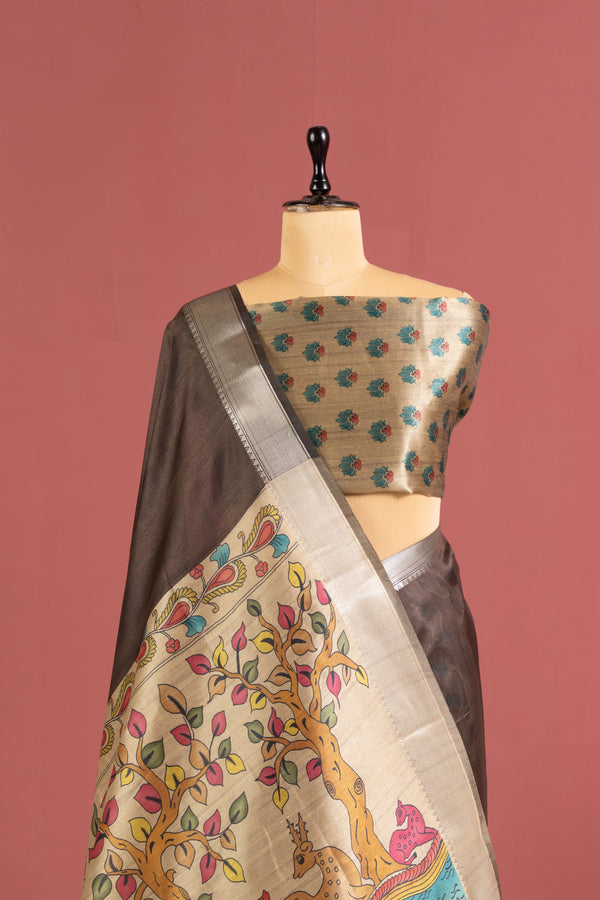 Soft Raw Silk Kalamkari Printed Pallu - COFFEE