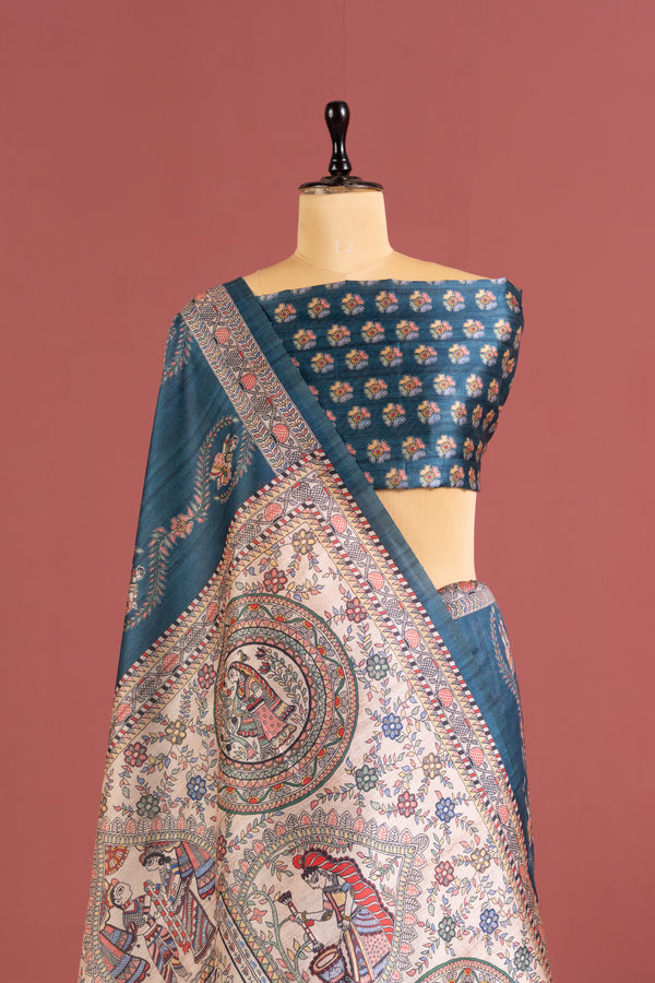 Soft Tussar Silk Madhubani Printed Pallu - Blue