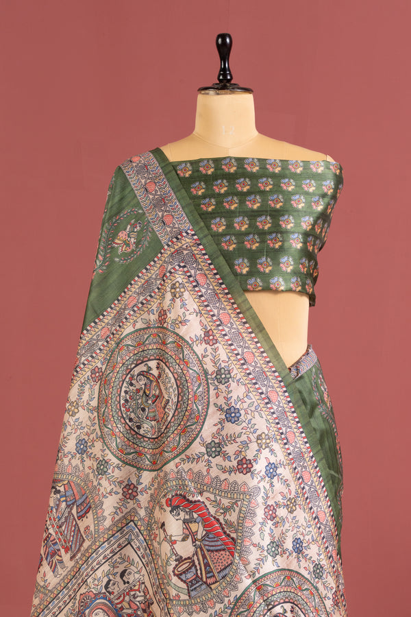 Soft Tussar Silk Madhubani Printed Pallu - Mehandi Green