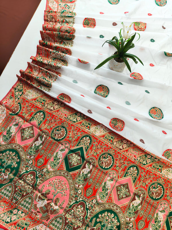 PURE SOFT RAJWADI PASHMINA SILK SAREE - WHITE