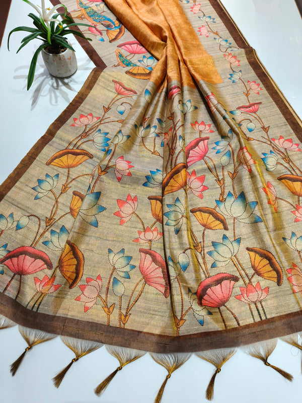 Tissue Zari Saree  With Lotus Print - YELLOW